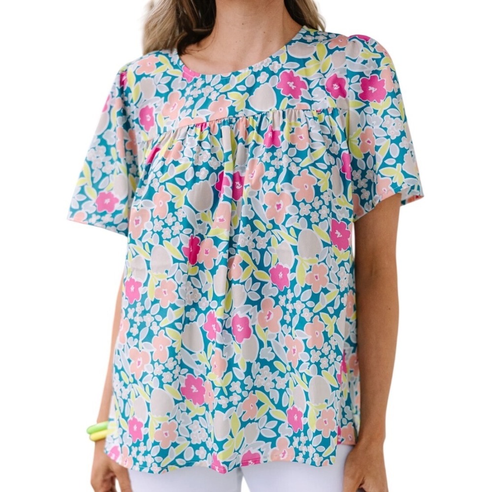 Jodifl Floral Babydoll Blouse M Teal Pink Orange Short Sleeve Boho Spring
